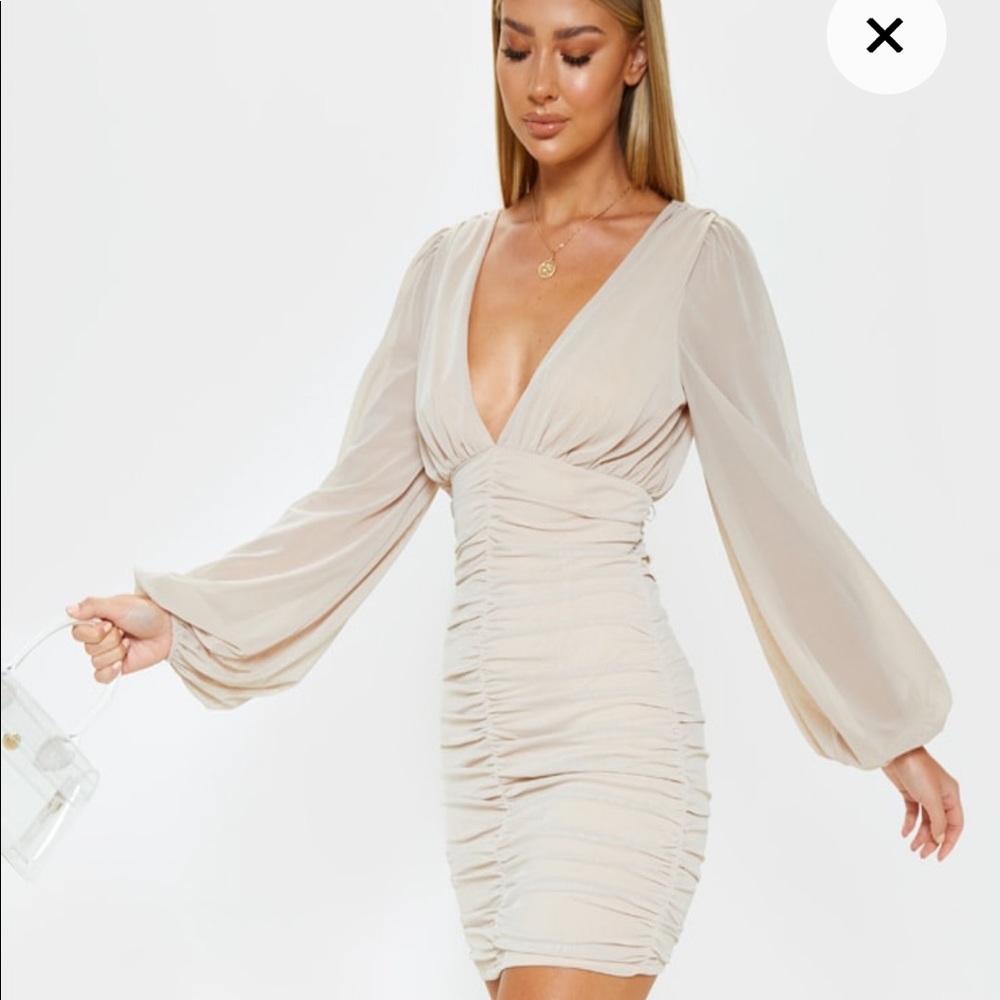 Stone Mesh Ruched Balloon Sleeve Bodycon Dress